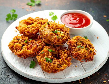 Crispy onion bhajis with sweet chilli sauce on white wooden board