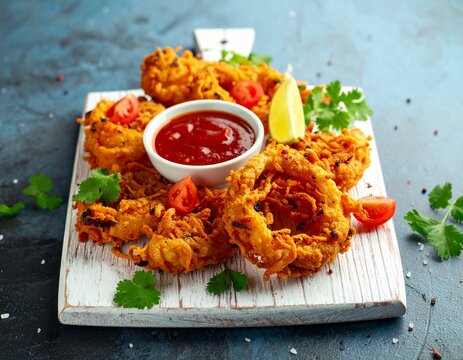 Crispy onion bhajis with sweet chilli sauce on white wooden board