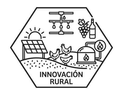Innovaci&oacute;n rural con iconos de riego por goteo, energ&iacute;a solar, avicultura y producci&oacute;n de biog&aacute;s