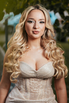 Blonde Teen in Silver Prom Dress, Natural Pose, Soft light