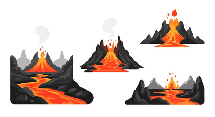 Volcano Eruption Illustration Set with Lava Flow.