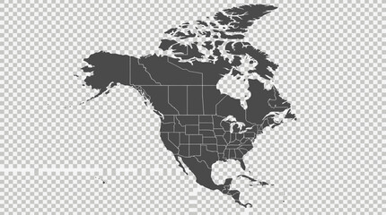 Detailed North America Political Map with Countries and US States Outlined on Transparent Background © Anang