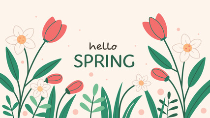 Vibrant spring florals with 'hello spring' greeting on pastel background © Sheikh