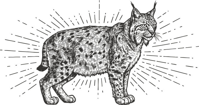 Detailed vintage illustration of a bobcat with sunburst rays, wild feline animal drawing