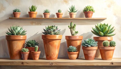 Fototapeta premium Assorted Succulents in Terracotta Pots on Wooden Shelves Bright Natural Light Minimalist Indoor Gardening Concept.