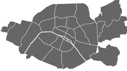Naklejka premium Vector map of Paris arrondissements and districts, administrative divisions of the city, France, with Seine River outlined.