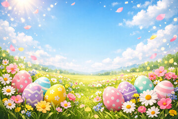 Bright spring meadow with colorful Easter eggs and flowers, festive Easter background、
,春の花畑とカラフルなイースターエッグのイースター背景