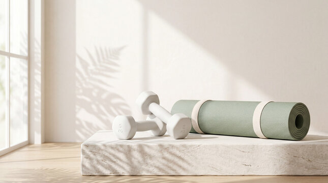 Minimalist Fitness Equipment with White Dumbbells and Sage Green Yoga Mat on Stone Podium