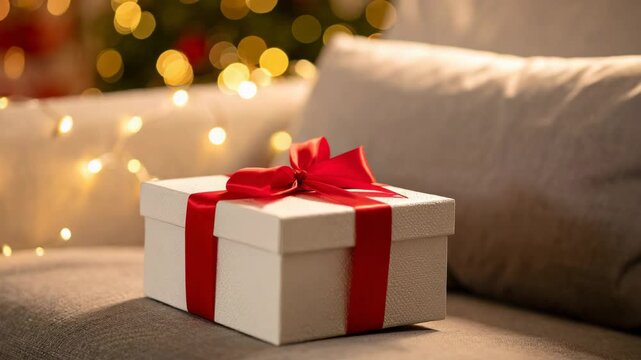 Elegant white gift box with red ribbon and bow for festive celebrations