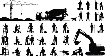 Construction worker silhouettes, tower crane, cement mixer truck, excavator digging, shovel labor, bucket carrying, wheelbarrow pushing, teamwork illustration artwork design © MdAminur