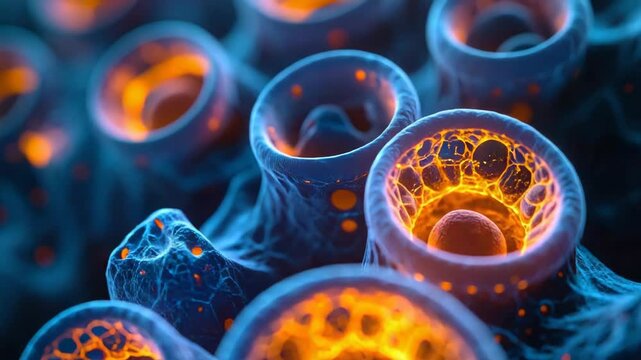 Abstract microscopic view of glowing organic cells and biological structures