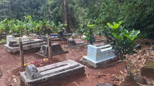 Detailed panning shot of traditional ceramic gravestones in a lush tropical cemetery, reflecting local burial customs.