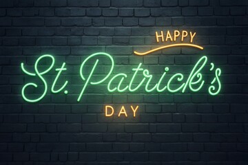 Obraz premium Happy St. Patrick's Day Neon Sign, Neon Shamrock Happy St Patrick's Day, Green Orange Happy St. Patrick's Day Neon, LED Clover St Patrick's Day Neon Sign, Brick Wall Neon Happy St Patrick's Day