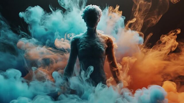 Mysterious ethereal human figure emerging from swirling blue and orange smoke against a dark abstract background, embodying spirituality and energy.