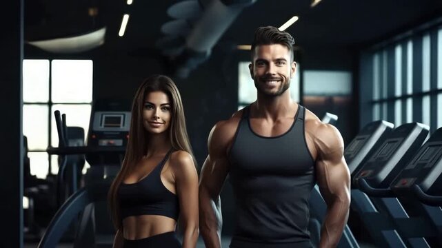 Fit Couple Smiling Together in Modern Gym