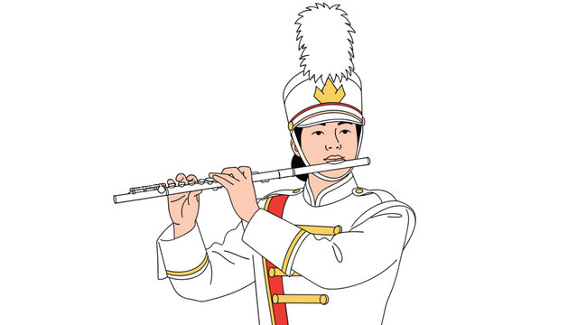Dedicated musician wearing a white and gold marching band uniform while skillfully playing a silver flute during a musical performance.