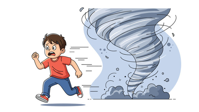 Terrified young boy running away from a massive grey tornado that is approaching quickly across a flat landscape in a vector style.