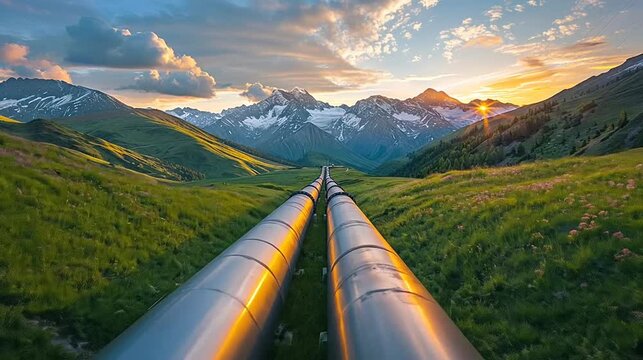 Pipelines span a vast green valley under a dramatic sunset, framed by snow-capped mountains