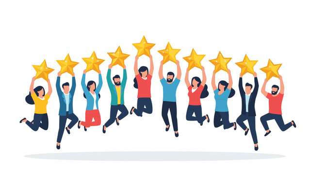 Group of happy and successful people jumping in the air while holding large gold stars to celebrate high ratings and great achievement.