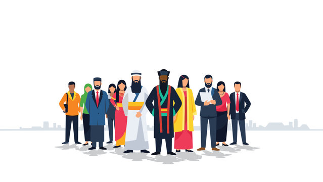 Large and diverse group of people from many different cultures and backgrounds standing together in front of a distant city skyline.