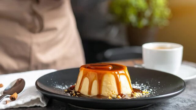 Pouring rich caramel sauce over a delicious homemade flan dessert