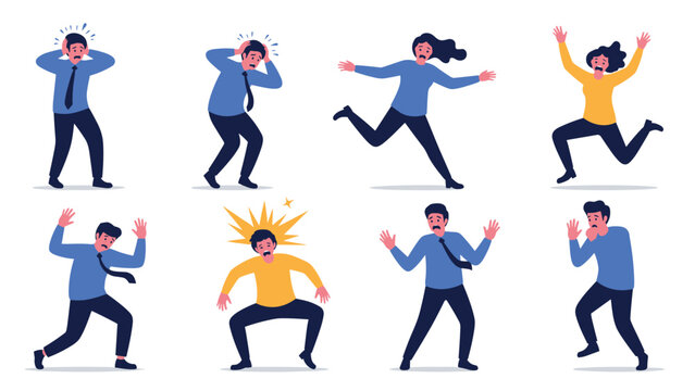 Set of diverse people characters expressing intense panic, stress, and fear in various frantic poses shown on a white background.