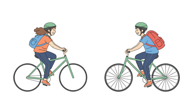 Young girl and boy wearing safety helmets and backpacks enjoy riding their bicycles together on a clear day, illustrated in a clean vector style.