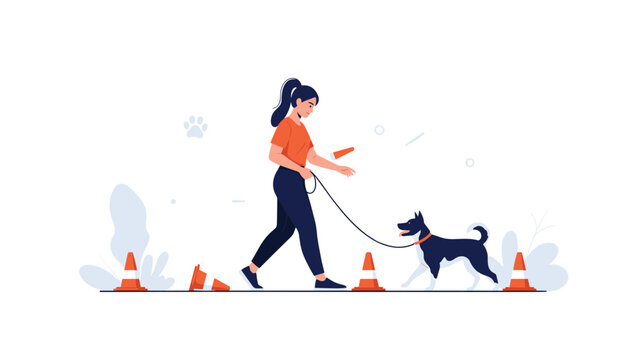 Dedicated woman in athletic wear practices agility training with her black dog using orange cones in an outdoor park setting, flat vector style.