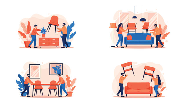 Collection of scenes showing people working together to move, lift, and arrange various furniture pieces like chairs, sofas, and tables in a room.