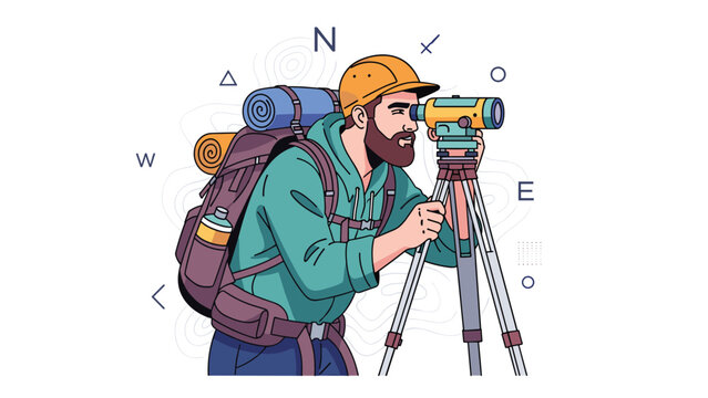 Experienced land surveyor with a large backpack and safety hat uses a theodolite on a tripod to measure terrain, with compass points in background.