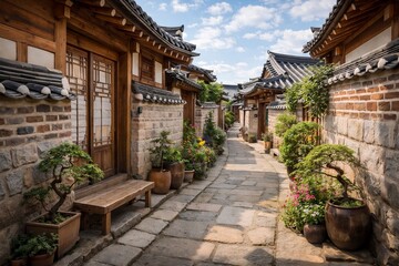 Fototapeta premium A peaceful traditional Korean alleyway with Hanok roofs, clay walls, and lush potted plants in Bukchon Hanok Village.