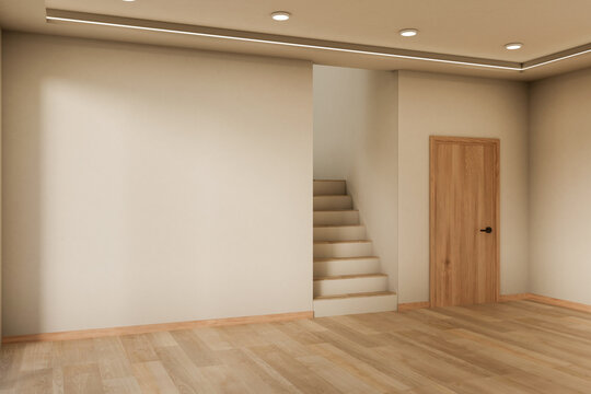Empty white wall with wooden door aside stairs over parquet floor in the modern style house or room.