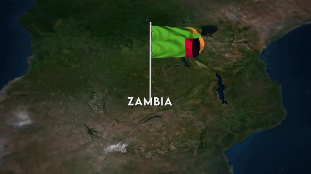 The Flag of Zambia on the World Map, the Zambia flag waving on the 3d map animation 4K