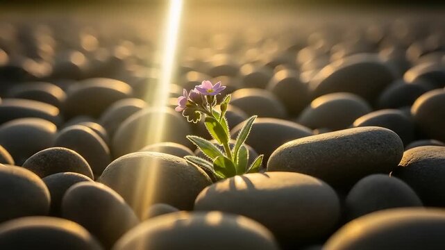 Small Purple Flower Growing Among Smooth Stones.
