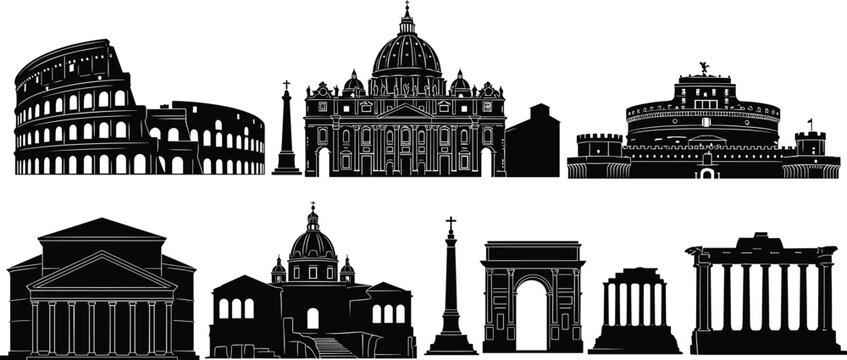 Rome architecture landmarks silhouettes, Colosseum, St Peter Basilica, Pantheon, Arch of Constantine, Castel Sant Angelo, Trajan Column, ancient ruins, cad drawing flat vector illustration