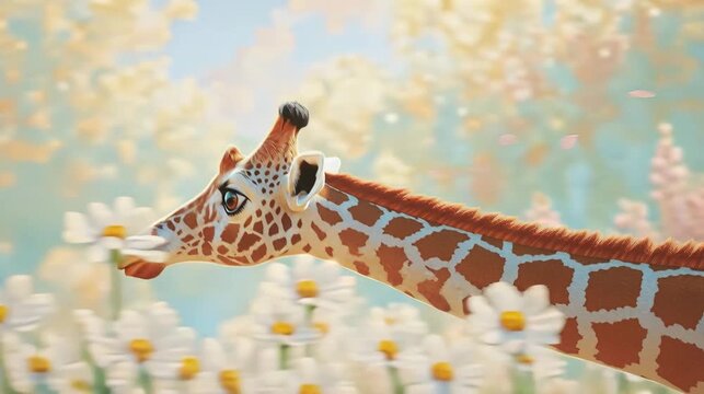 Cute Giraffe Portrait In Sunny Flower Field