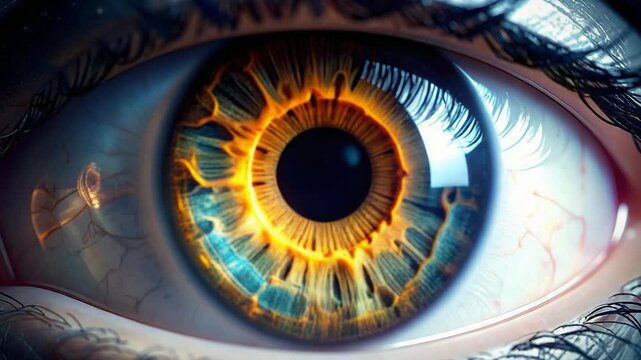 Macro shot of a human eye with vibrant, intricate iris patterns