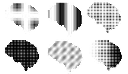 Abstract digital illustration of brain silhouette made of small square pixels with highlighted brain area. Concept of artificial intelligence, neural network, data processing, machine learning