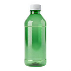 A clear green plastic water bottle with a white cap standing upright isolated on transparent background
