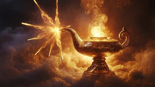 Magical Golden Genie Lamp In Glowing Clouds
