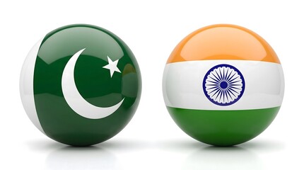 Pakistan and India's national flags presented as glossy spherical icons symbolizing bilateral relations.