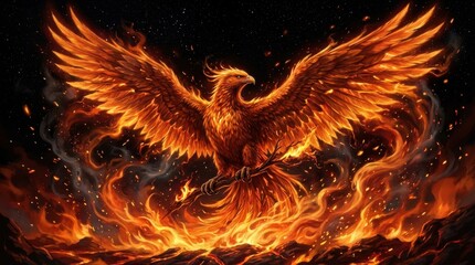 Fototapeta premium Fiery phoenix bird rising from flames, mythical creature rebirth, powerful orange glow, dark background
