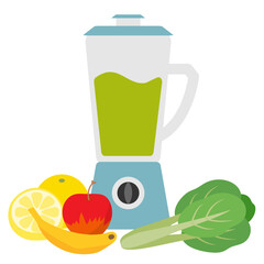 Vector illustration of a blender making fresh vegetable juice with apples, bananas, grapefruit and Komatsuna.