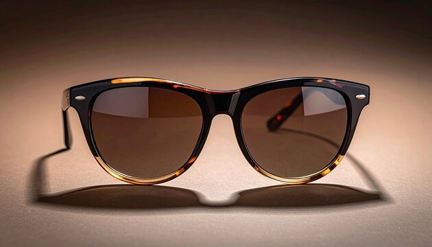 Stylish tortoise-shell sunglasses cast a shadow on a warm, neutral backdrop