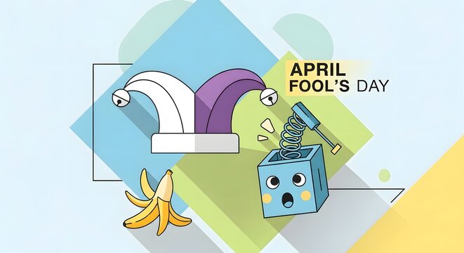 A cartoonish scene depicting a prankster emerging from a jack-in-the-box on april fool's day.