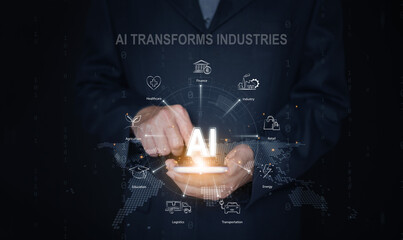 AI across all industries concept. Businessman with smartphone and icons of global digital transformation, industry 4.0, automation, disruption, and the impact of artificial intelligence adoption.