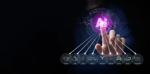 AI across all industries concept. Finger touches glowing artificial intelligence globe with icons of education, retail, energy, logistics, agriculture, healthcare, finance, industry, transportation.
