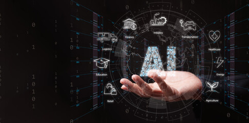 AI across all industries concept. Hand with AI circuit surrounded by industry sectors. Global digital transformation, industry 4.0, automation, disruption, impact of artificial intelligence adoption