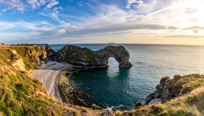 Coastal archway over clear water meeting cliffs under a sunset sky with wispy clouds