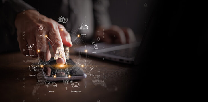 AI across all industries concept. Finger touch smartphone with artificial intelligence and sectors like education, retail, energy, logistics, agriculture, healthcare, finance, industry, transportation